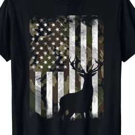 Camouflage American Flag Deer Elk Bucks Camouflage Hunter Dad Gift Short Sleeve T-shirt (Color: Black, size: L)